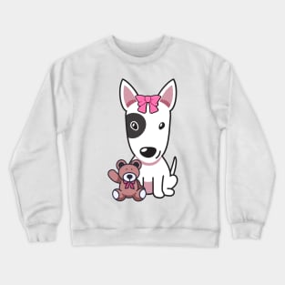 Cute bull terrier holds a teddy bear Crewneck Sweatshirt